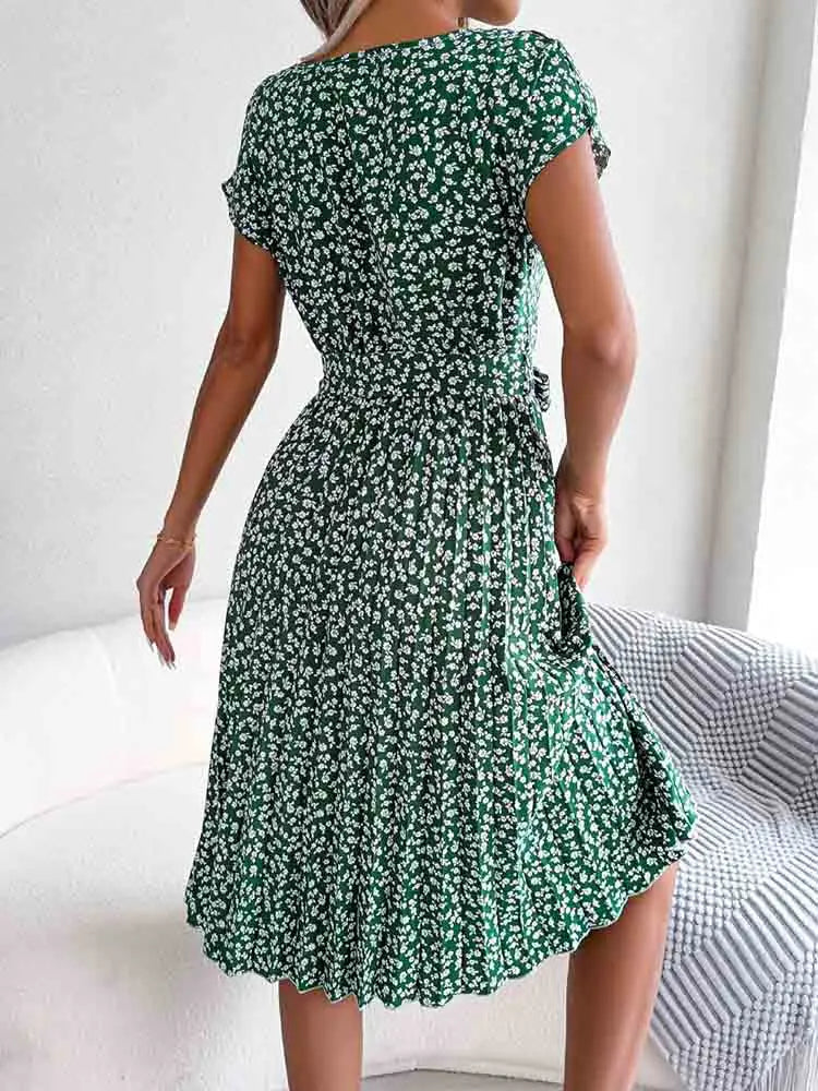 A Line Short Sleeve High Waist Midi Dresses
