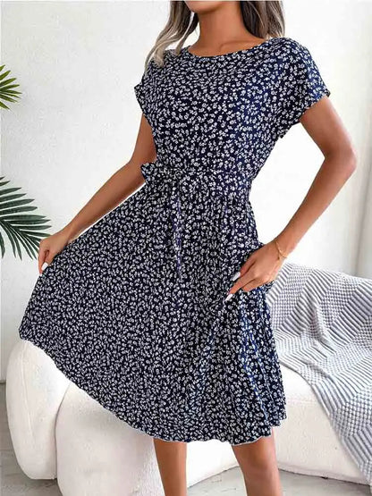 A Line Short Sleeve High Waist Midi Dresses