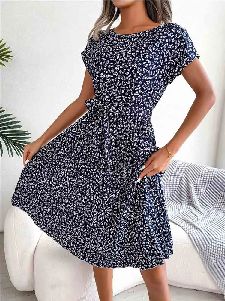 A Line Short Sleeve High Waist Midi Dresses