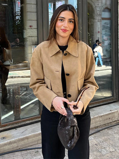 Leather Lapel Single Spring Autumn Long Pockets Short Coat
