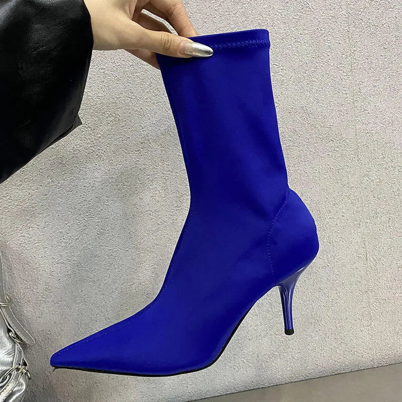 Pointed Toe Thin Heel Elastic Stretch Slip on Pump Ankle Boot
