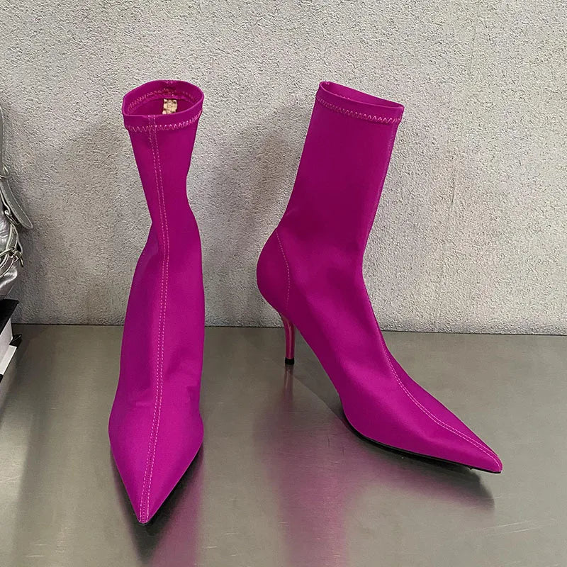 Pointed Toe Thin Heel Elastic Stretch Slip on Pump Ankle Boot
