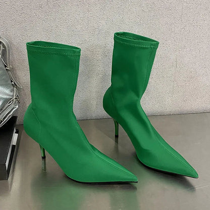 Pointed Toe Thin Heel Elastic Stretch Slip on Pump Ankle Boot