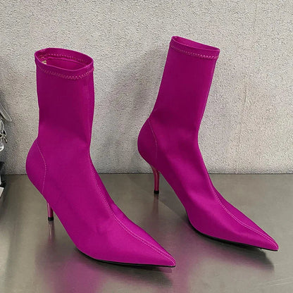 Pointed Toe Thin Heel Elastic Stretch Slip on Pump Ankle Boot