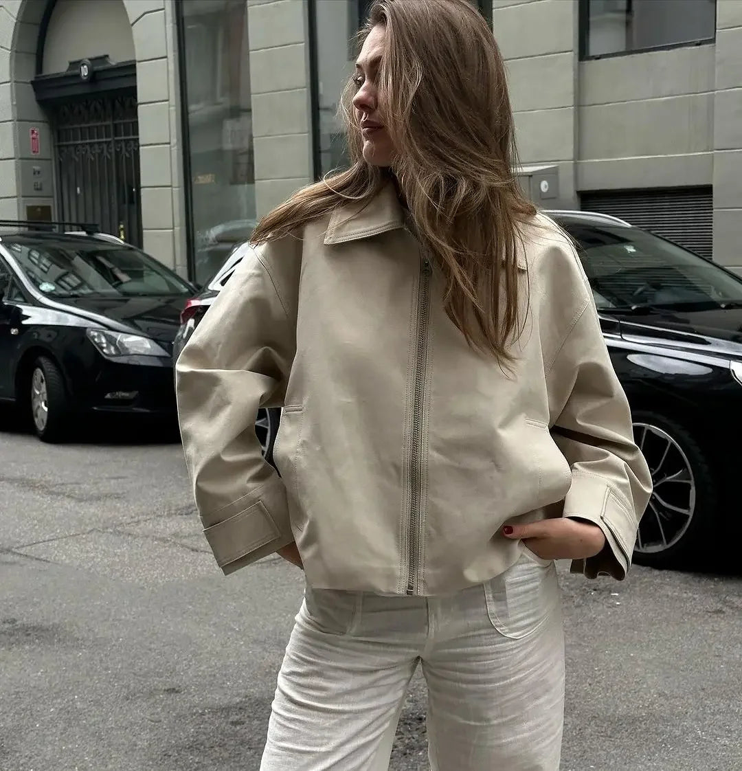 Lapel Zipper Long Sleeve Pocket Warm Loose Coat