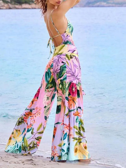 U-neck Print Swimsuit Long Pants One Piece