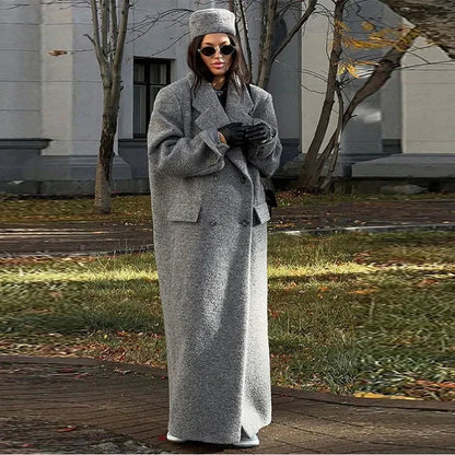 Turn Down Collar Long Sleeve Lady Long Pocket Breasted Coat