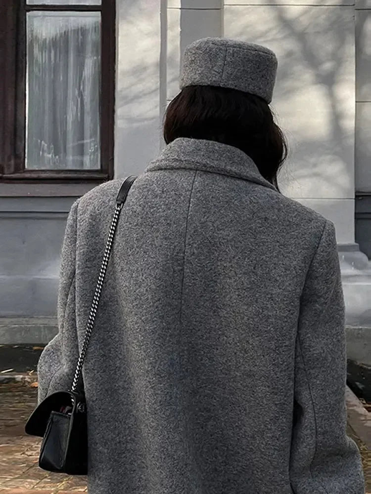 Turn Down Collar Long Sleeve Lady Long Pocket Breasted Coat