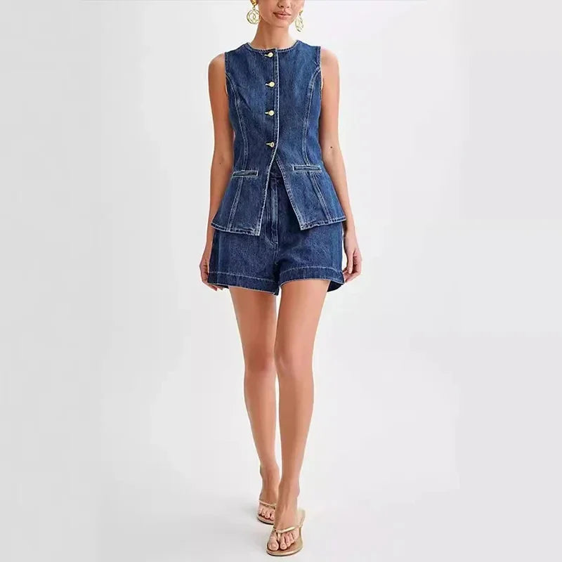 Denim O-neck Sleeveless Shorts Office Two Piece Set