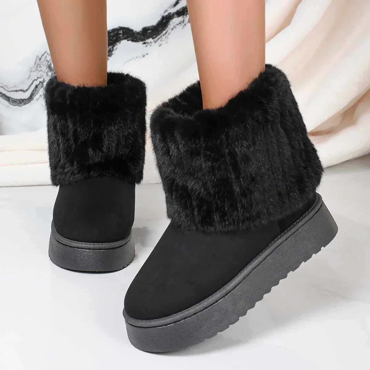 Round Toe Warm Thickened Plush Winter Beige Mid-calf Boots Thick Sole Comfortable Anti-slip Snow Boot