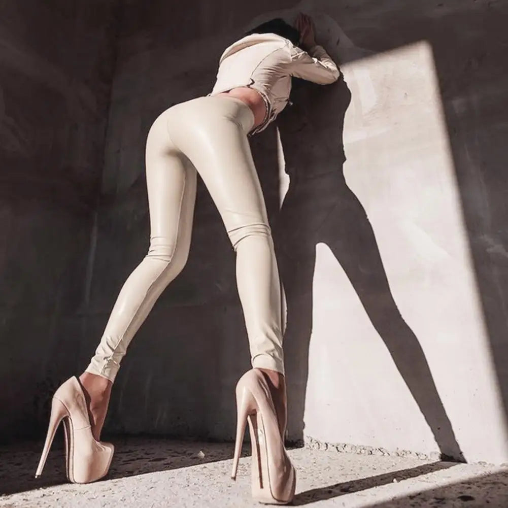 Faux Leather High Waist Full Length Straight Pencil Bodycon Pants