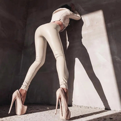 Faux Leather High Waist Full Length Straight Pencil Bodycon Pants
