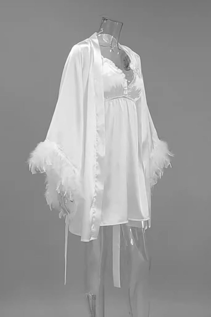 Feather Cuff Cardigan Cami Dress Loungewear Suits