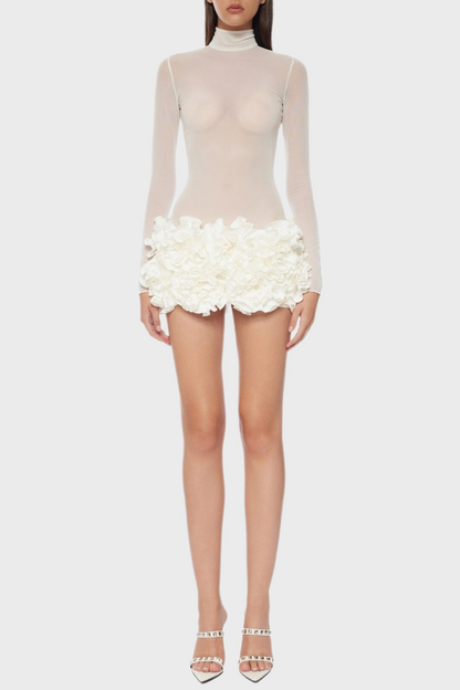 Fionna Mesh Long Sleeve Mini Dress - White