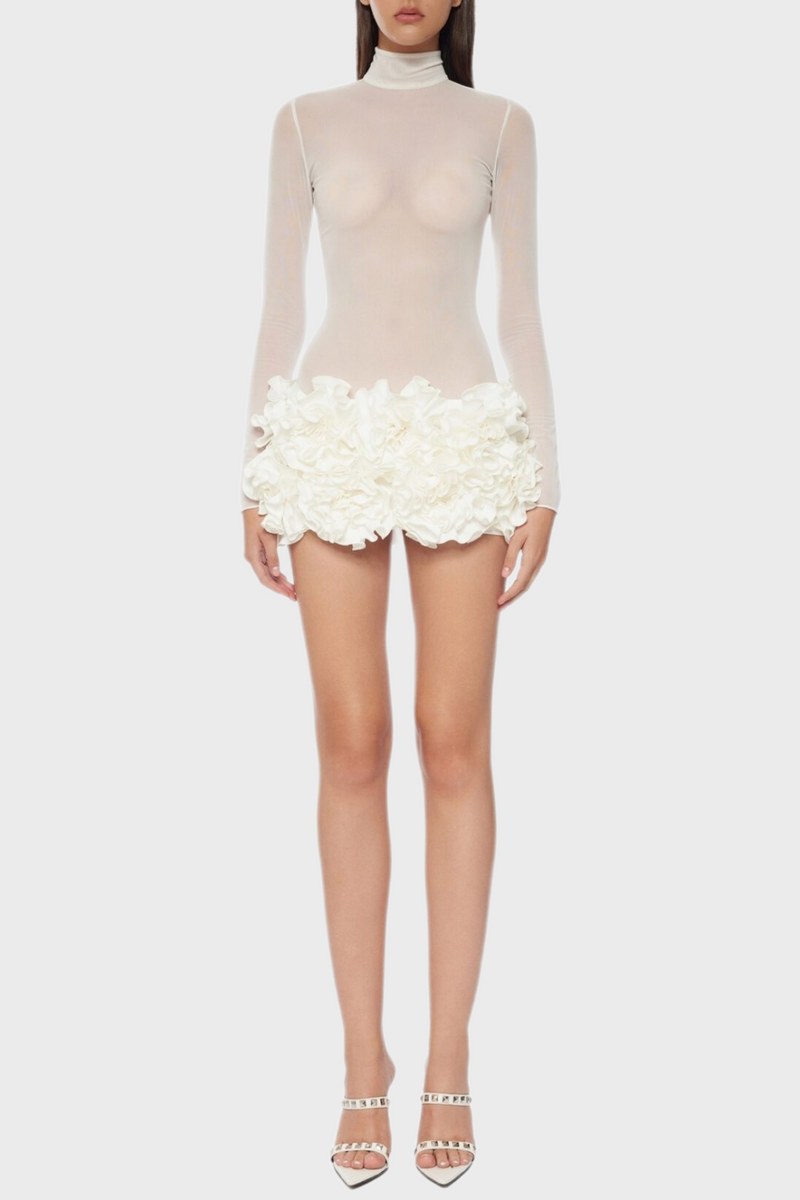 Fionna Mesh Long Sleeve Mini Dress - White