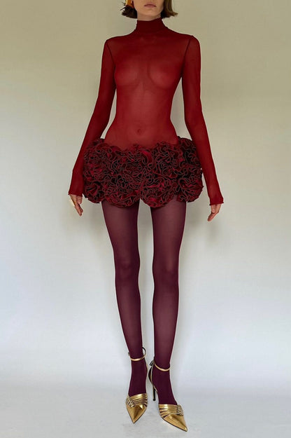 Fionna Mesh Long Sleeve Mini Dress - Red
