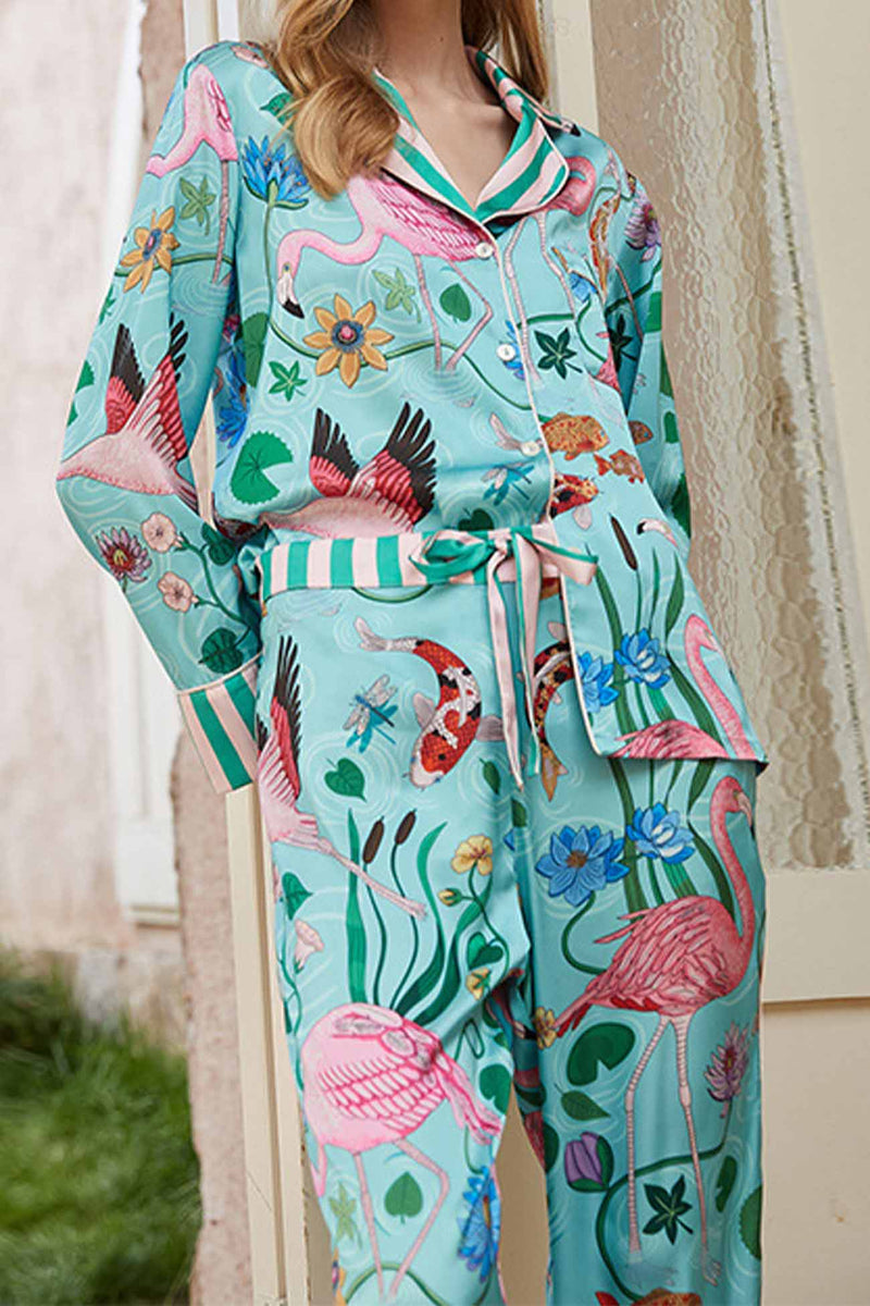 Flamingo Print Long Sleeve Lace Up Pants Loungewear