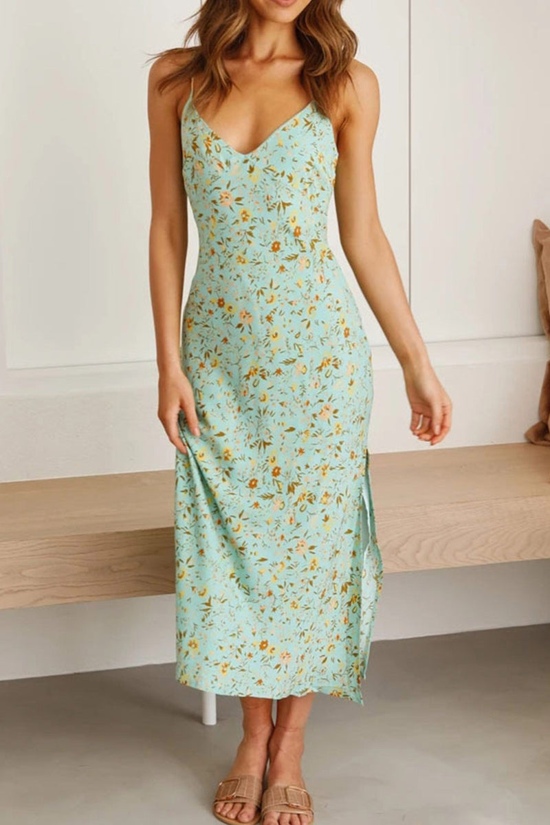 Print Low Cut Slit Cami Dress