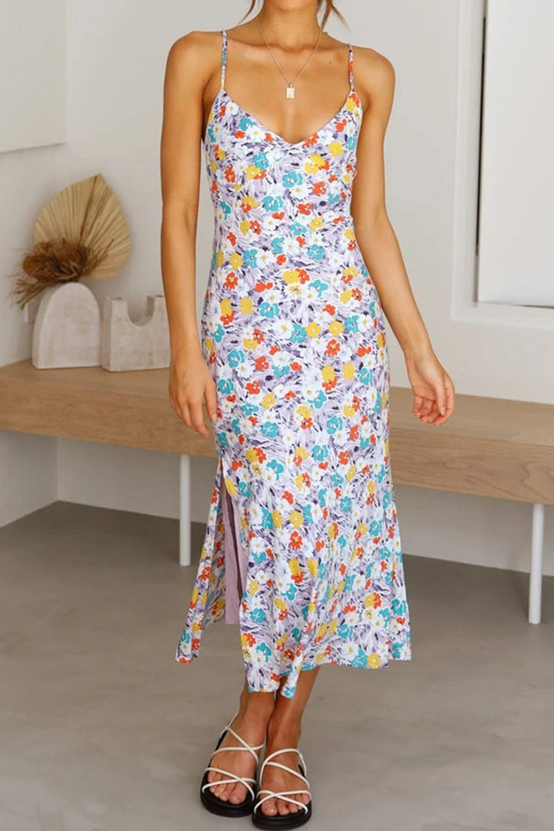 Print Low Cut Slit Cami Dress