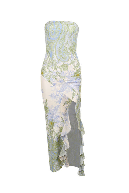 Print Ruffle Slit Strapless Dress