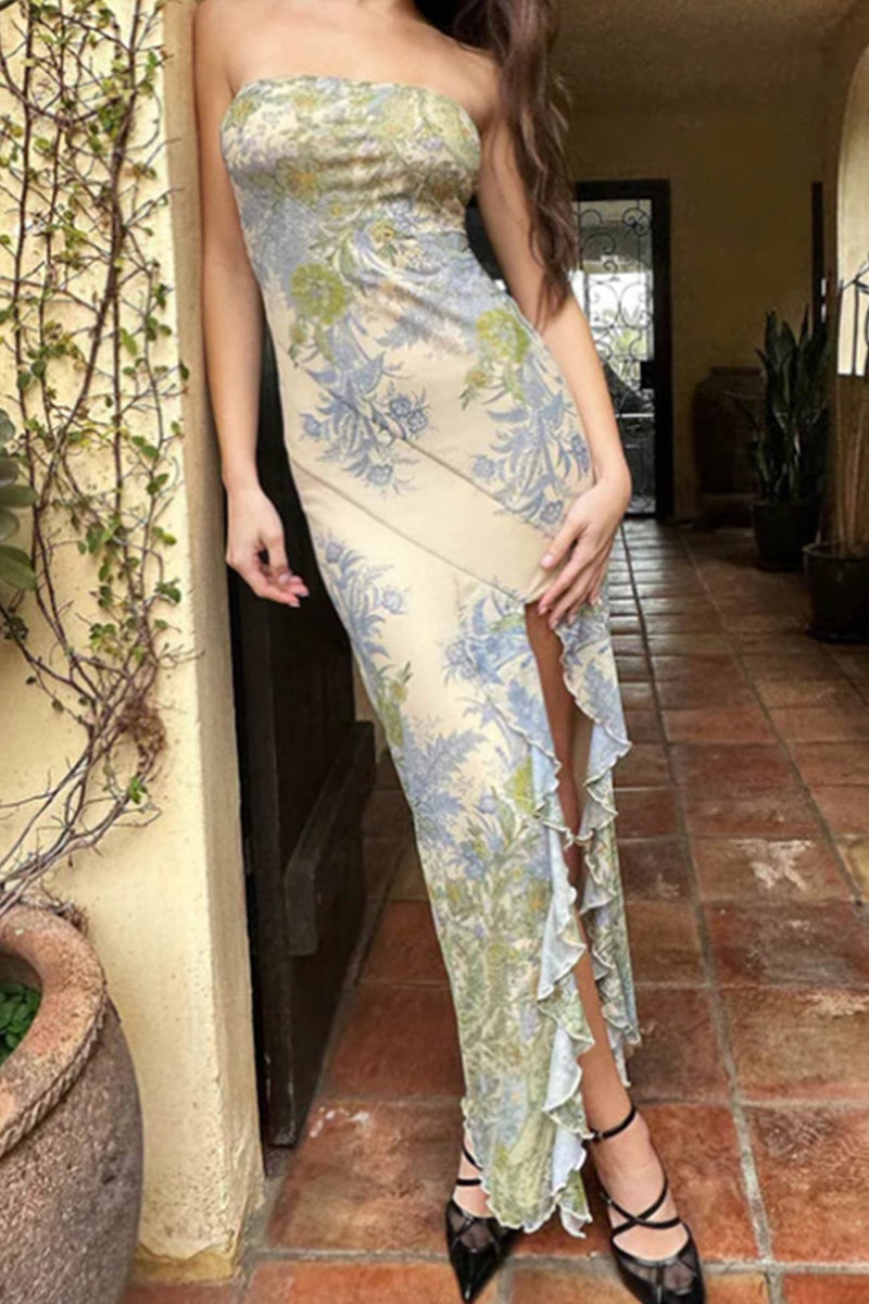Print Ruffle Slit Strapless Dress