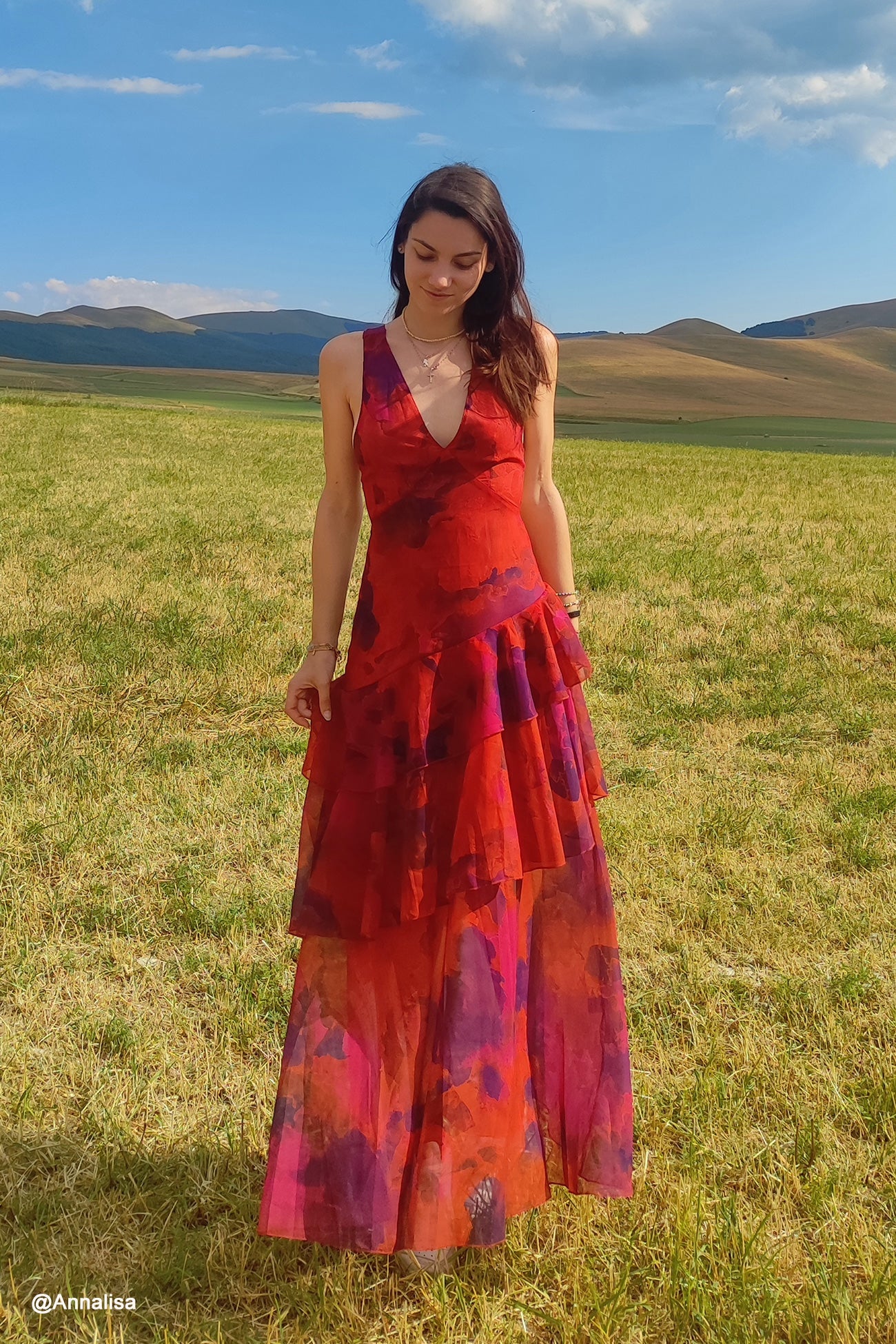Print Tie-up Back Chiffon Tiered Dress