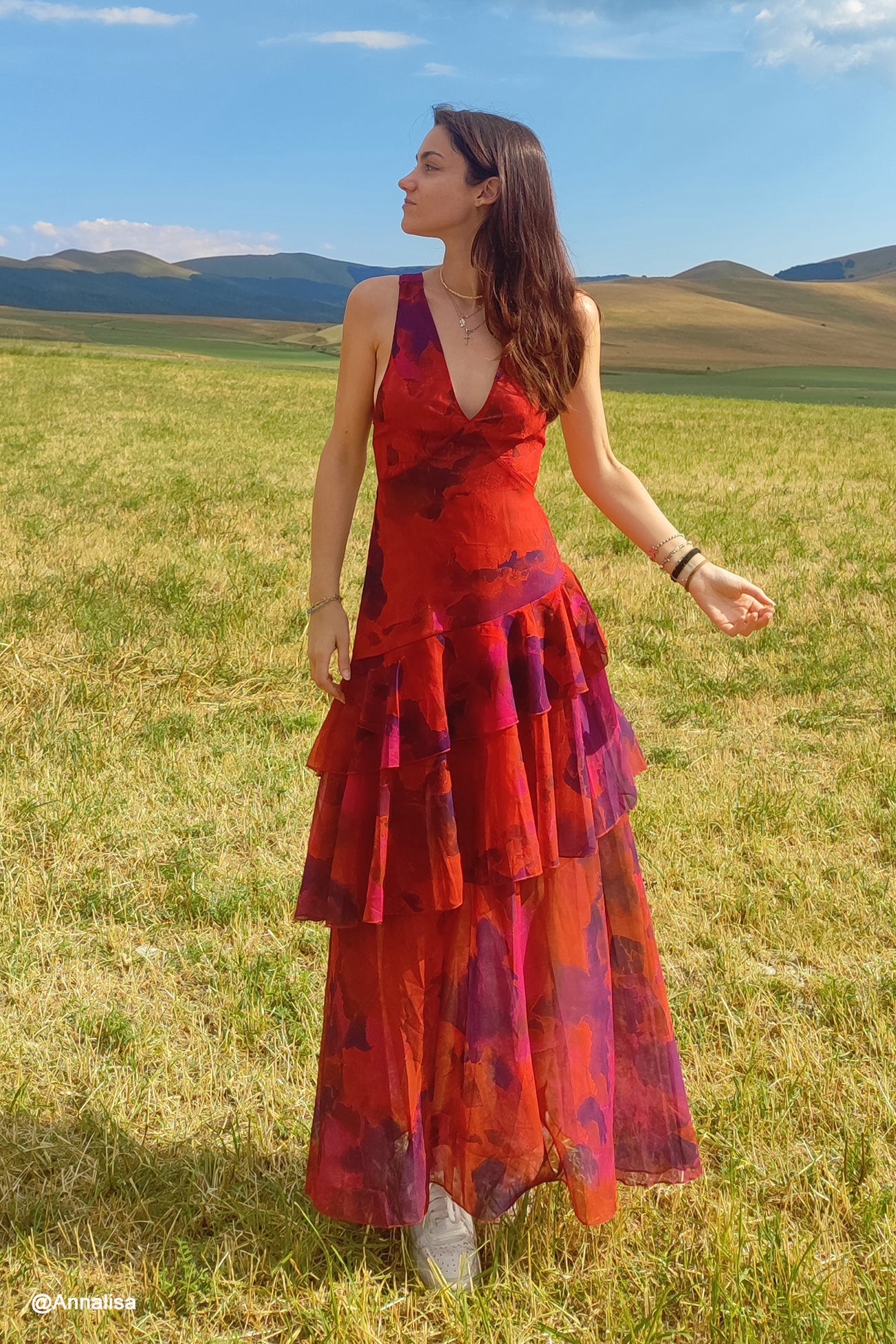 Print Tie-up Back Chiffon Tiered Dress