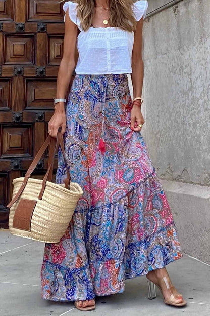Printed Patchwork Ruffle Midi Skirt