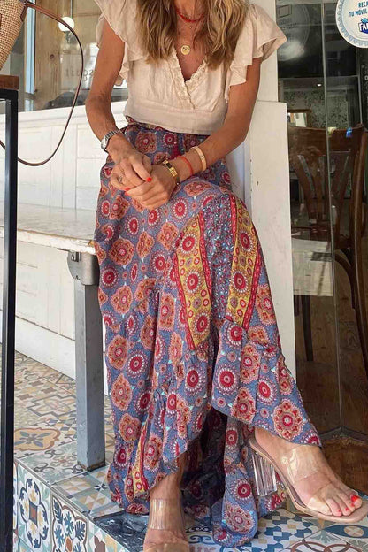 Printed Patchwork Ruffle Midi Skirt