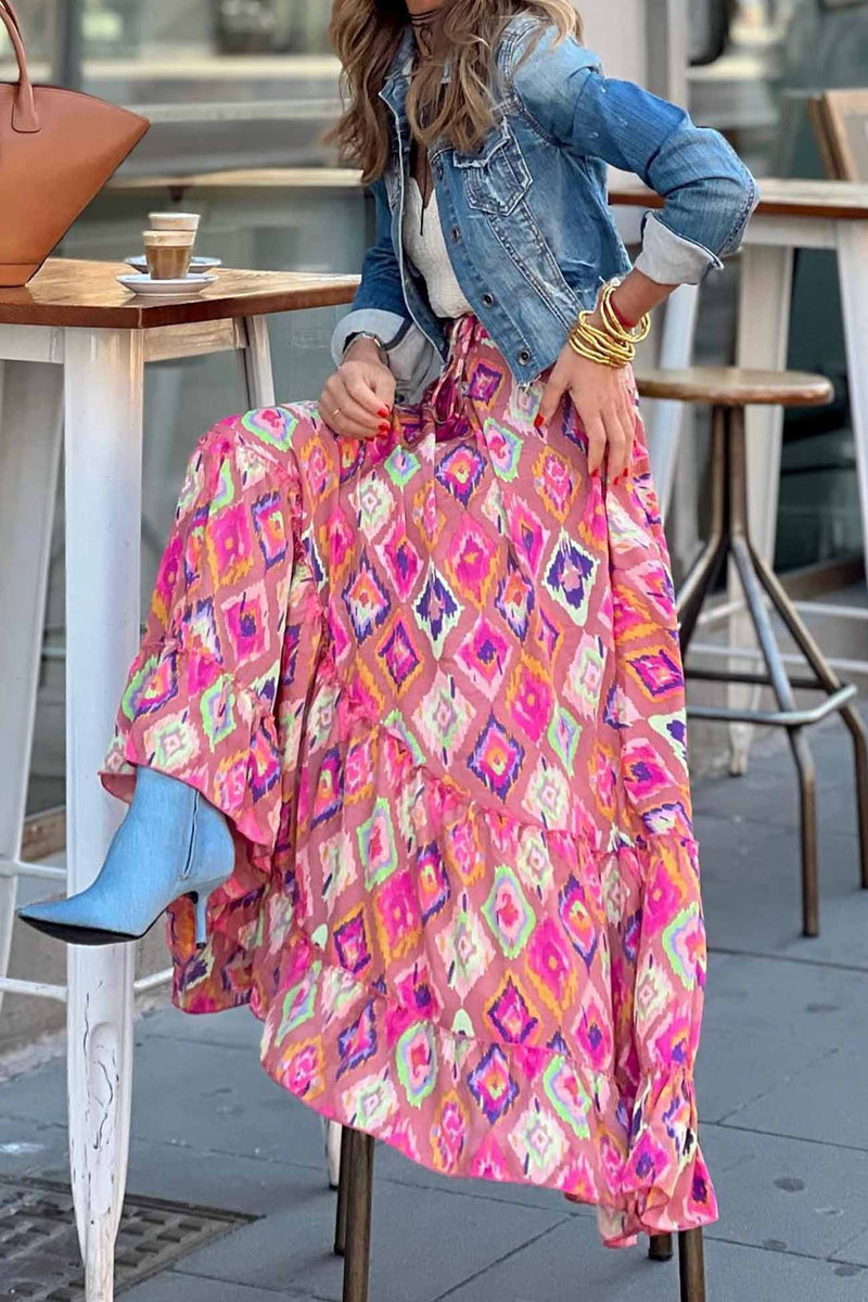 Printed Patchwork Ruffle Midi Skirt
