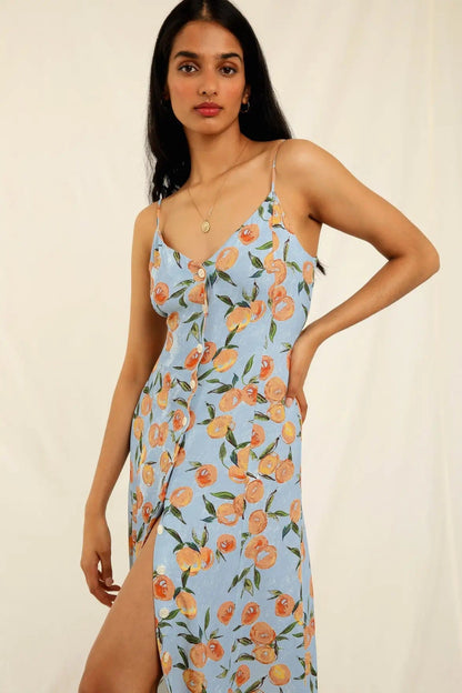 Fruit Print Cami V-neck Buttoned Midi Dress