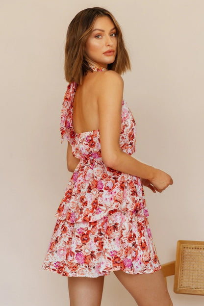 Halter Neck Backless Ruffle Hem Mini Dress