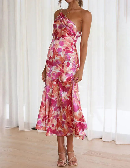 Azalea - Pink One Shoulder Ruched Satin Dress