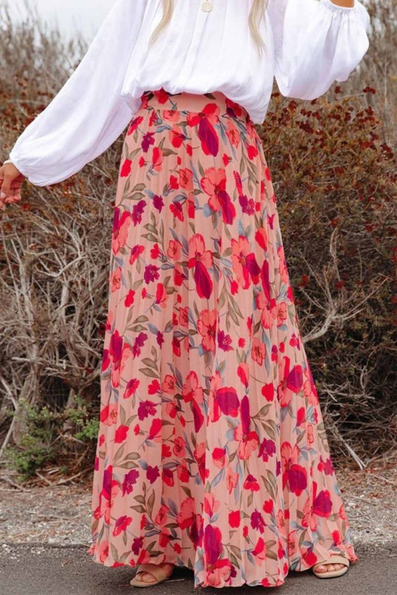 Printed Elastic Waist Pleated Skirt