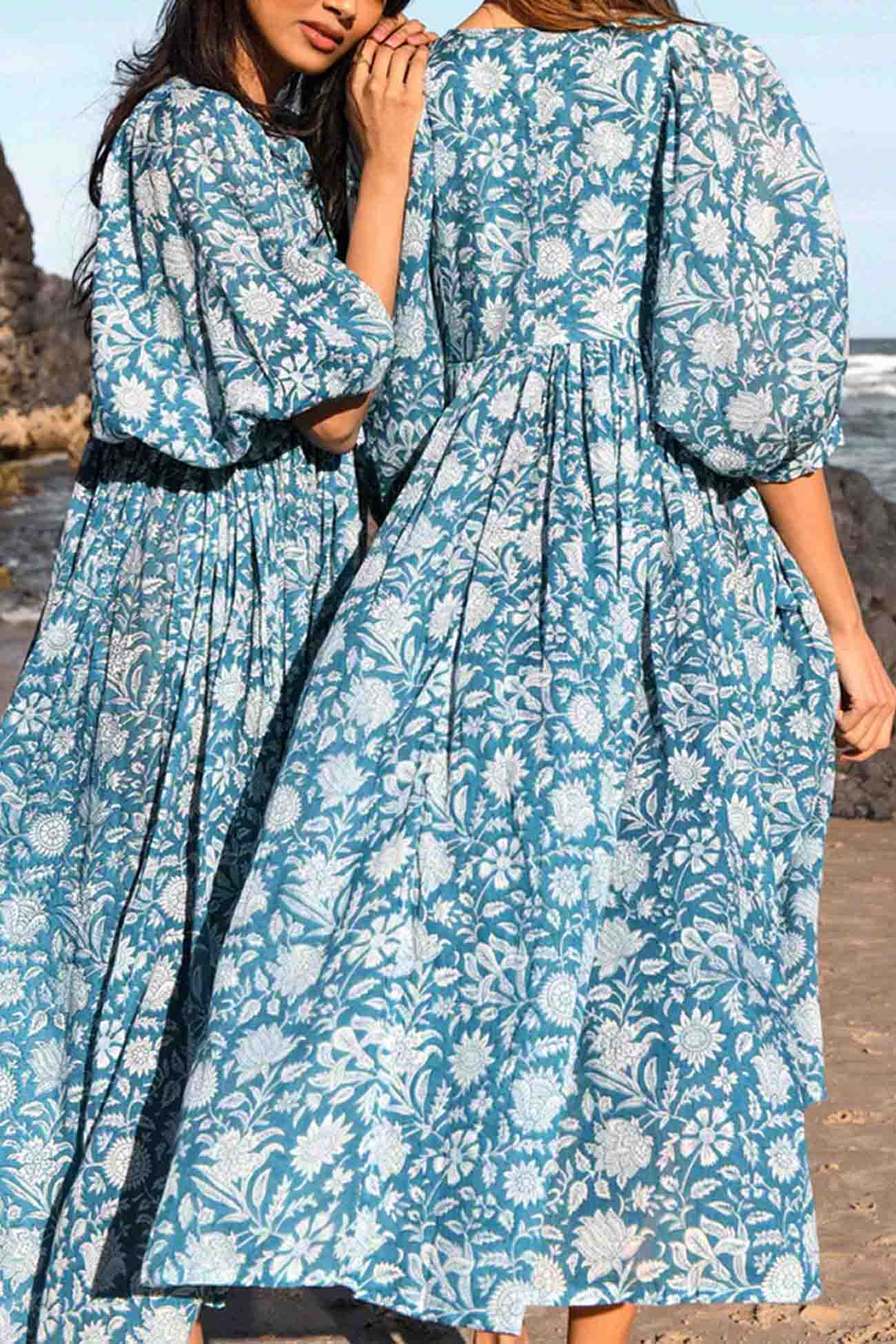 Printed Lantern Sleeve V Neck Midi Dress