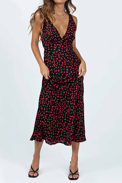 Printed Sleeveless V Neck Midi Dress