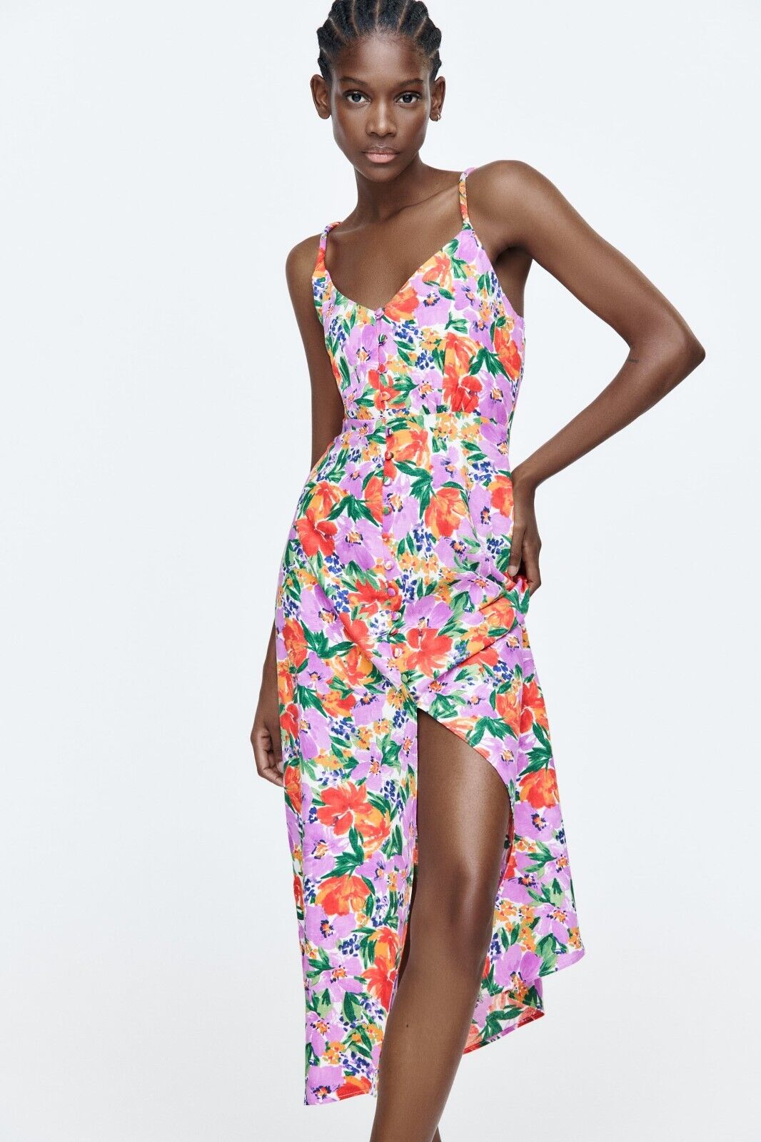 Buttoned Cami Slit Midi Dress