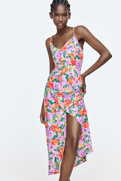 Buttoned Cami Slit Midi Dress