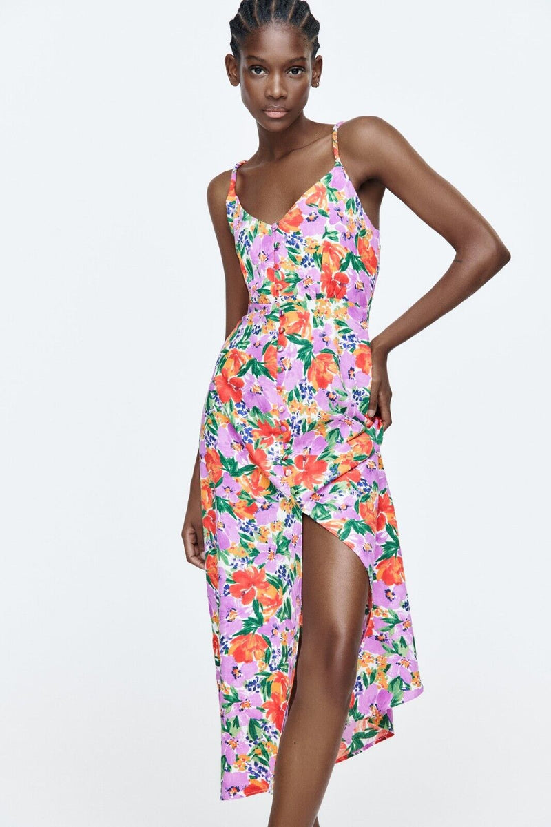 Buttoned Cami Slit Midi Dress