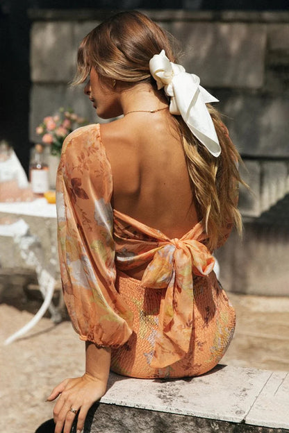 Lantern Sleeve Backless Lace Up Mini Dress