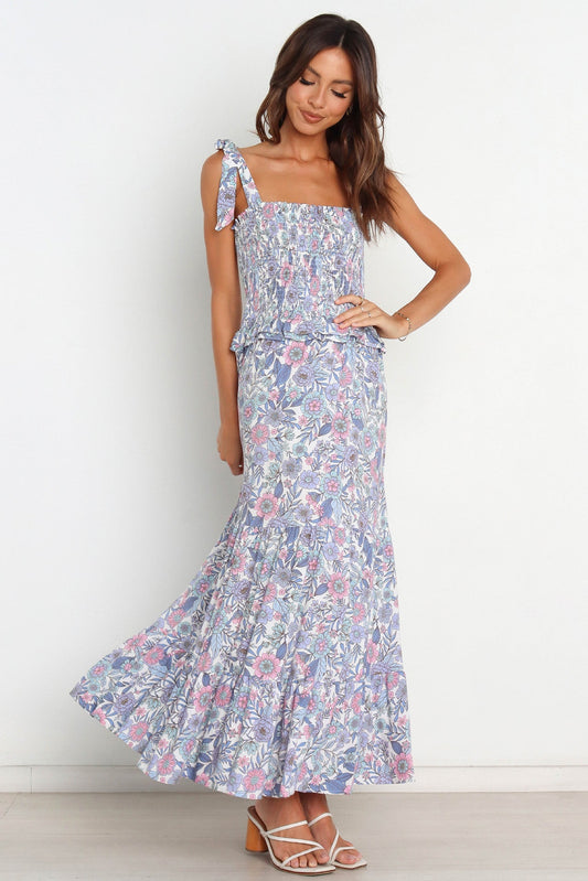 Smocked Elastic Lace Up Cami Midi Dress