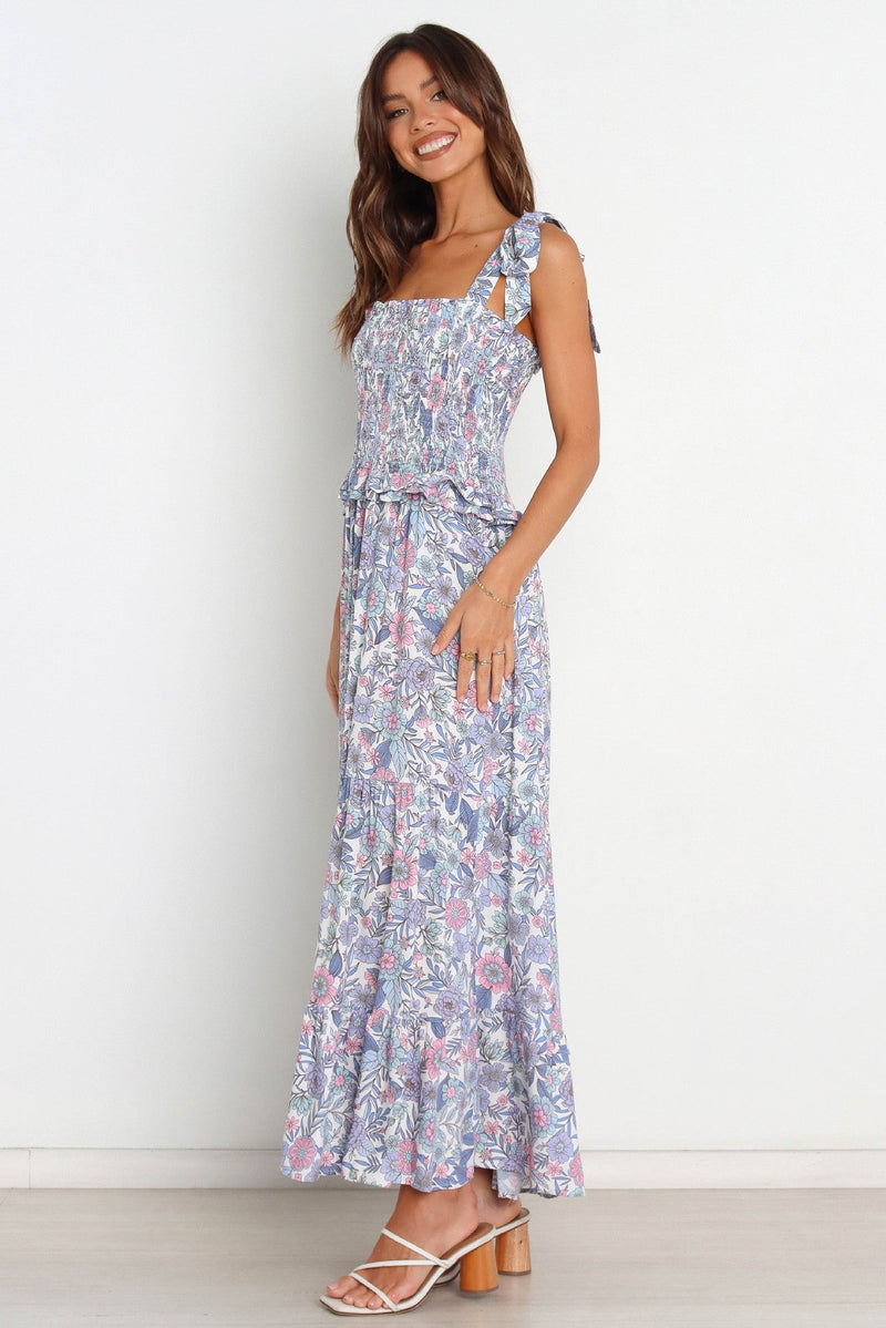 Smocked Elastic Lace Up Cami Midi Dress