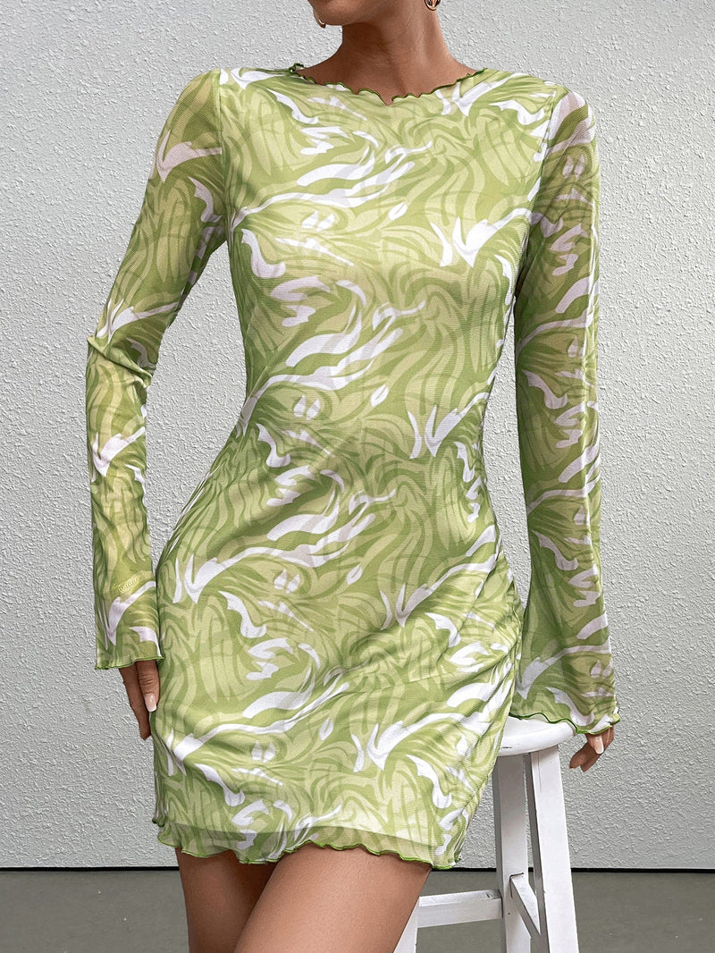Flounce Sleeve Print Mesh Mini Dress