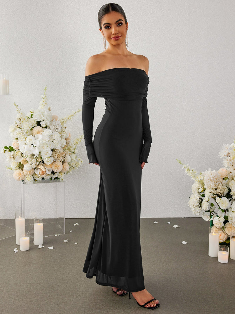Flounce Sleeve Off Shoulder Mesh Bodycon Dress