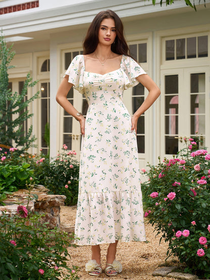 Flounce Sleeve Ruched Backless Print Dress