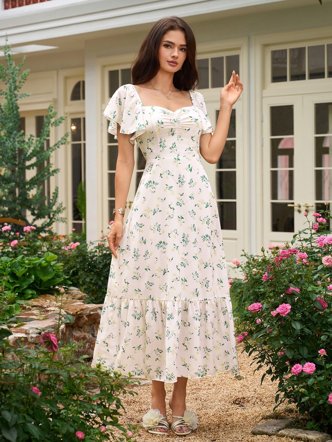 Flounce Sleeve Ruched Backless Print Dress