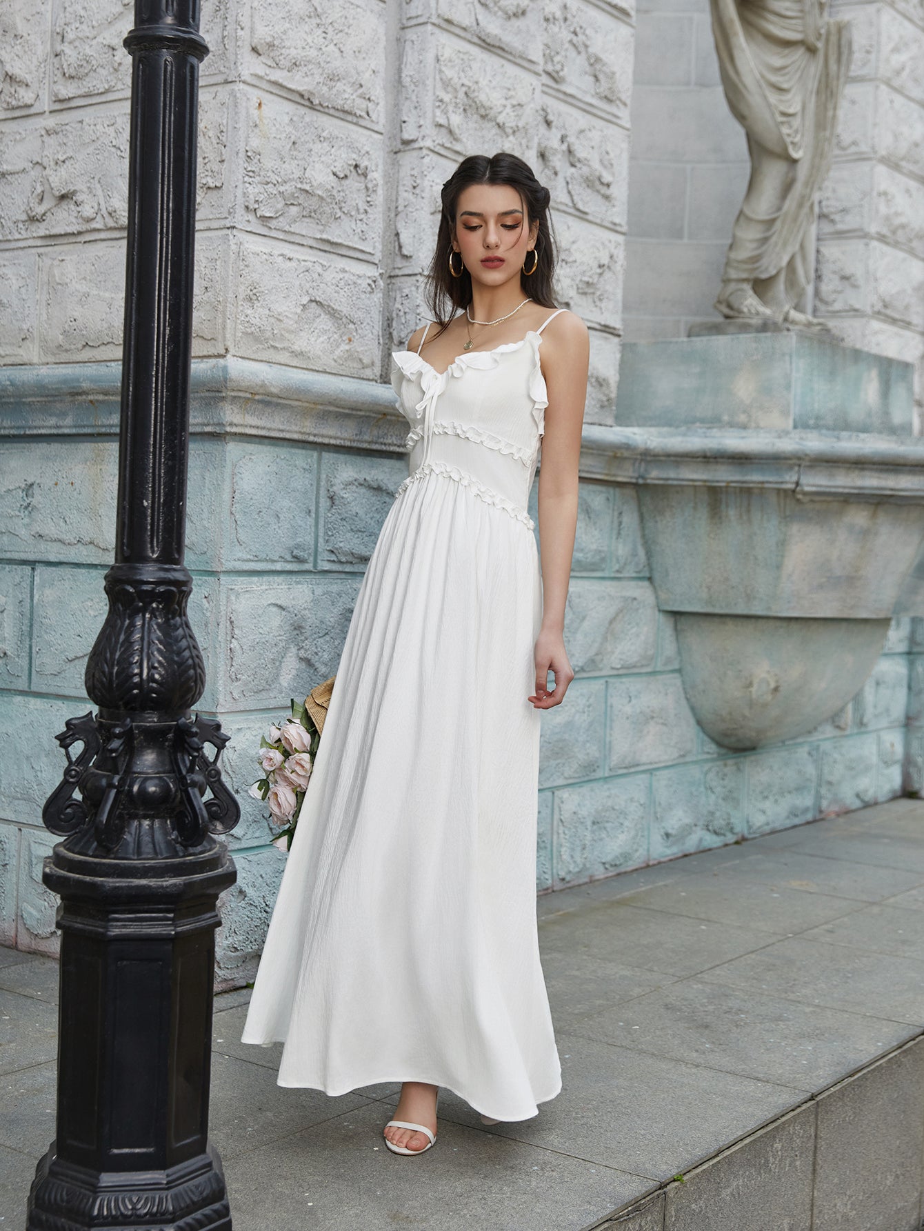 Flounce Trim Tie Front Cami Long Dress