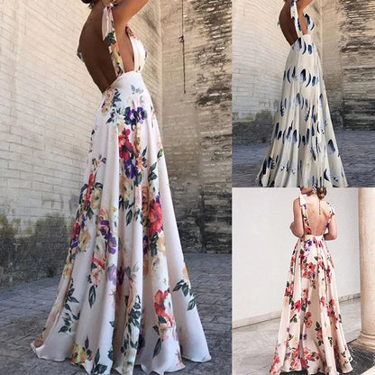 Flower Print Bowknot Leace-up Sleeveless Long Dresses V-neck Backless Evening Party Maxi Dress Spring Summer New