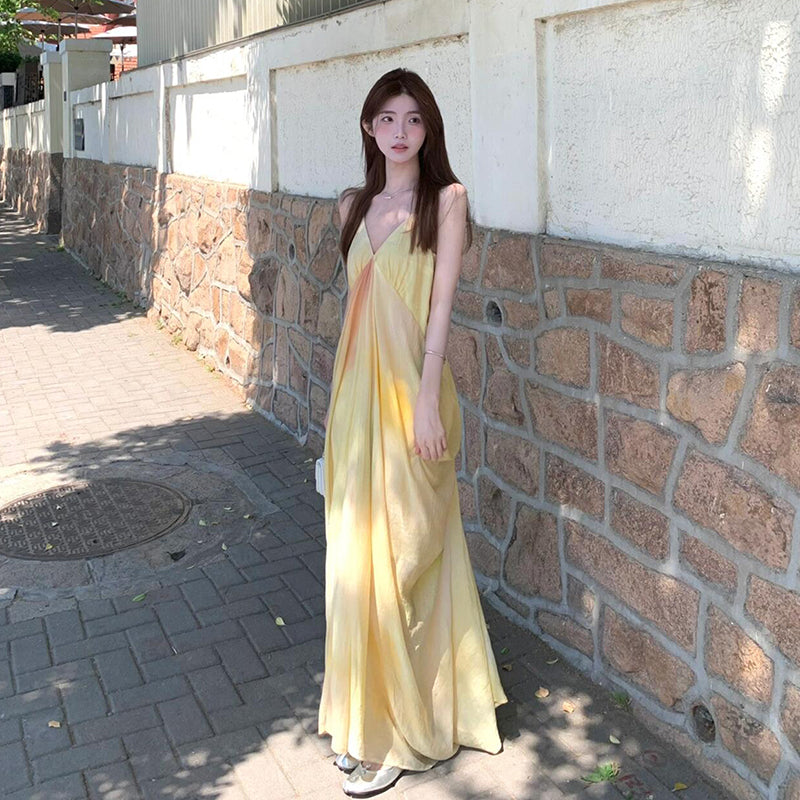 Flowy Yellow Tie-dye V-neck Maxi Dress _ Ethereal Summer Escape