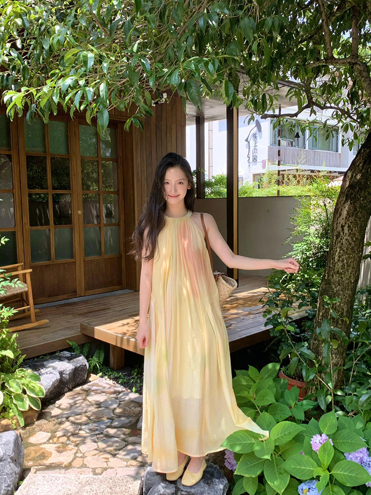 Flowy Yellow Tie-dye V-neck Maxi Dress _ Ethereal Summer Escape